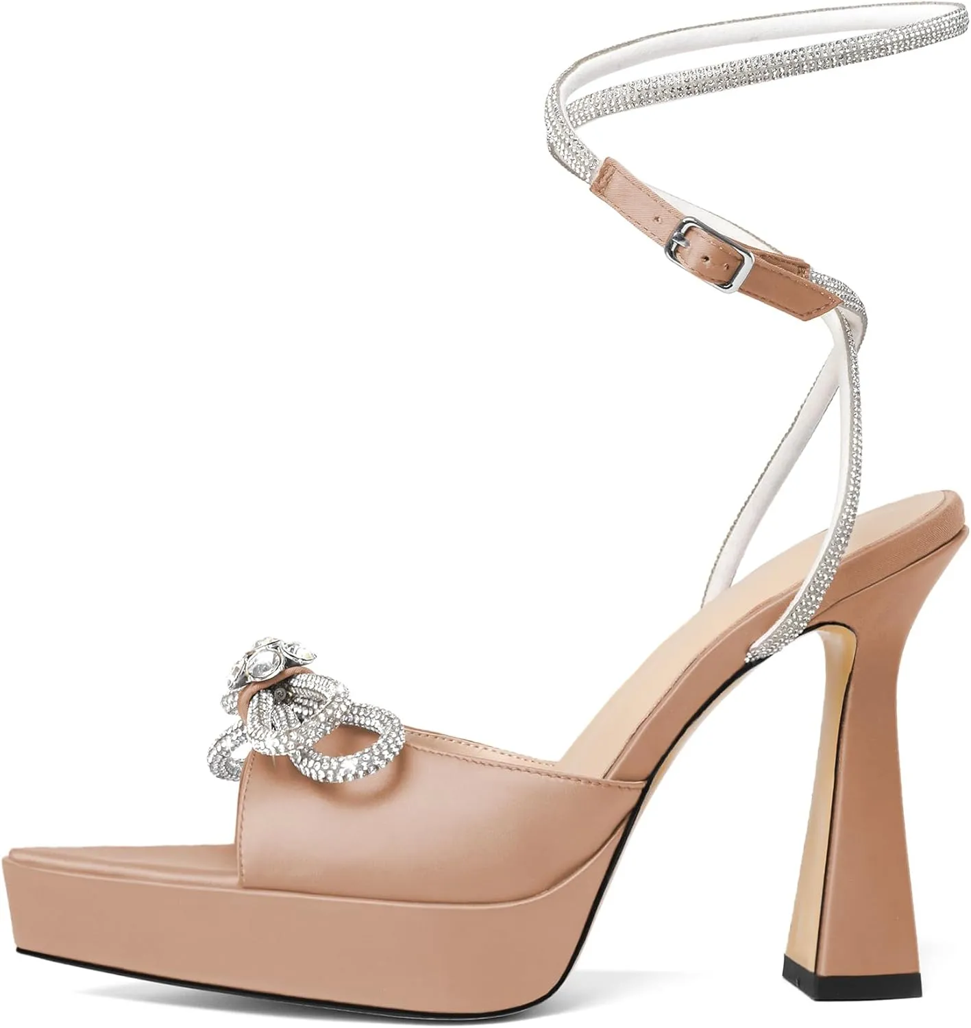 AUMOTED Women Platform Pumps High Heels Rhinestone Double Bows Heels Pointed Toe Satin Block Pumps Ankle Strap Crystals Lace Up Wedding Sandals Shoes 4.7 Inch