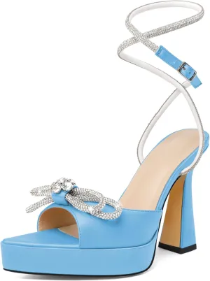 AUMOTED Women Platform Pumps High Heels Rhinestone Double Bows Heels Pointed Toe Satin Block Pumps Ankle Strap Crystals Lace Up Wedding Sandals Shoes 4.7 Inch