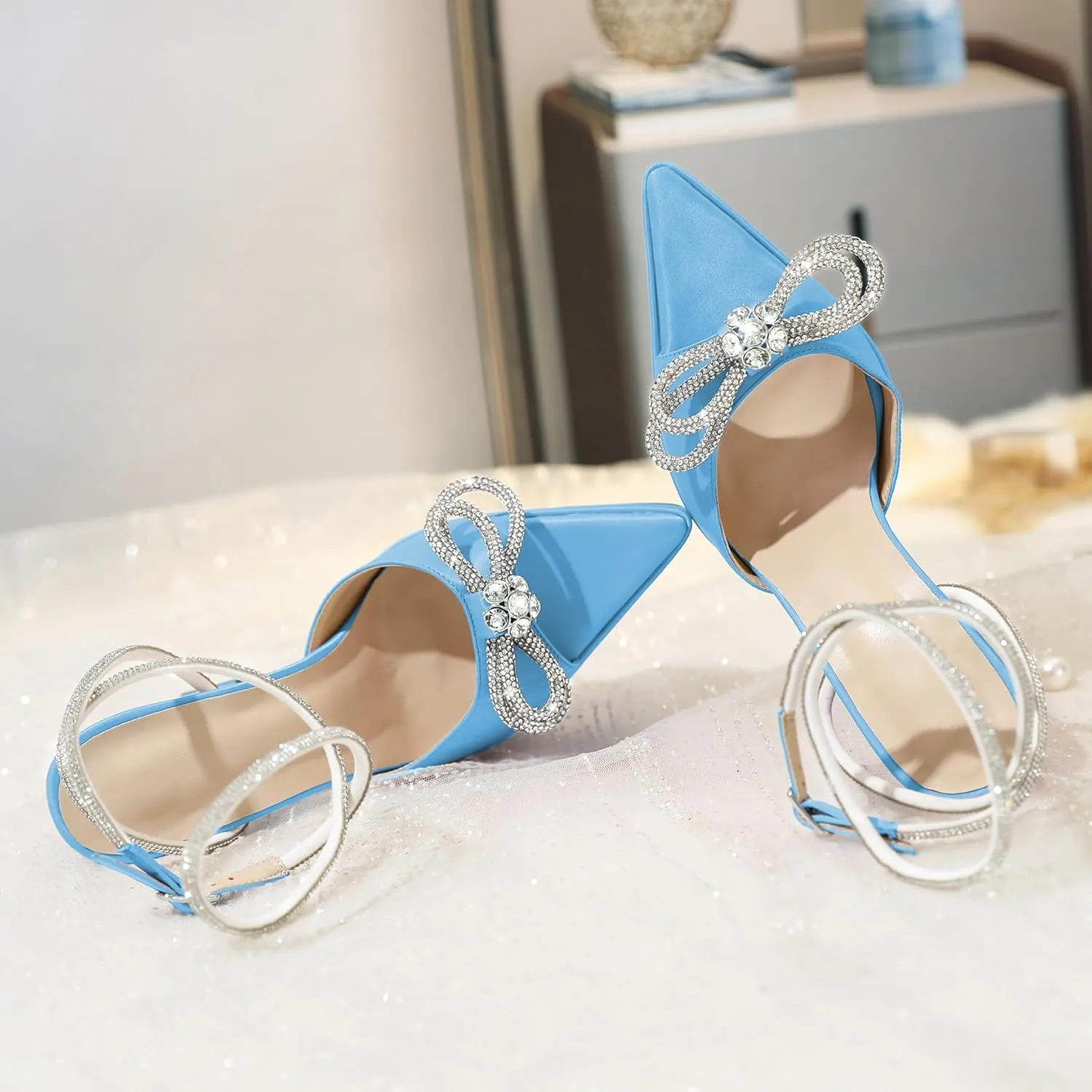 AUMOTED Women Platform Pumps High Heels Rhinestone Double Bows Heels Pointed Toe Satin Block Pumps Ankle Strap Crystals Lace Up Wedding Sandals Shoes 4.7 Inch