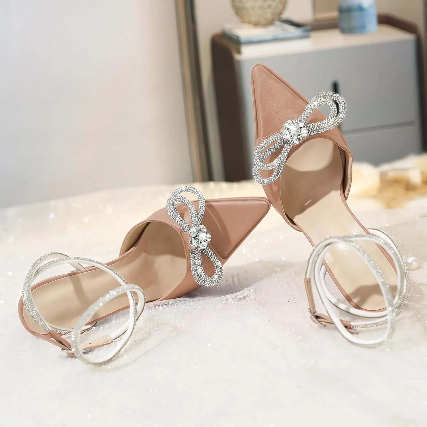 AUMOTED Women Platform Pumps High Heels Rhinestone Double Bows Heels Pointed Toe Satin Block Pumps Ankle Strap Crystals Lace Up Wedding Sandals Shoes 4.7 Inch