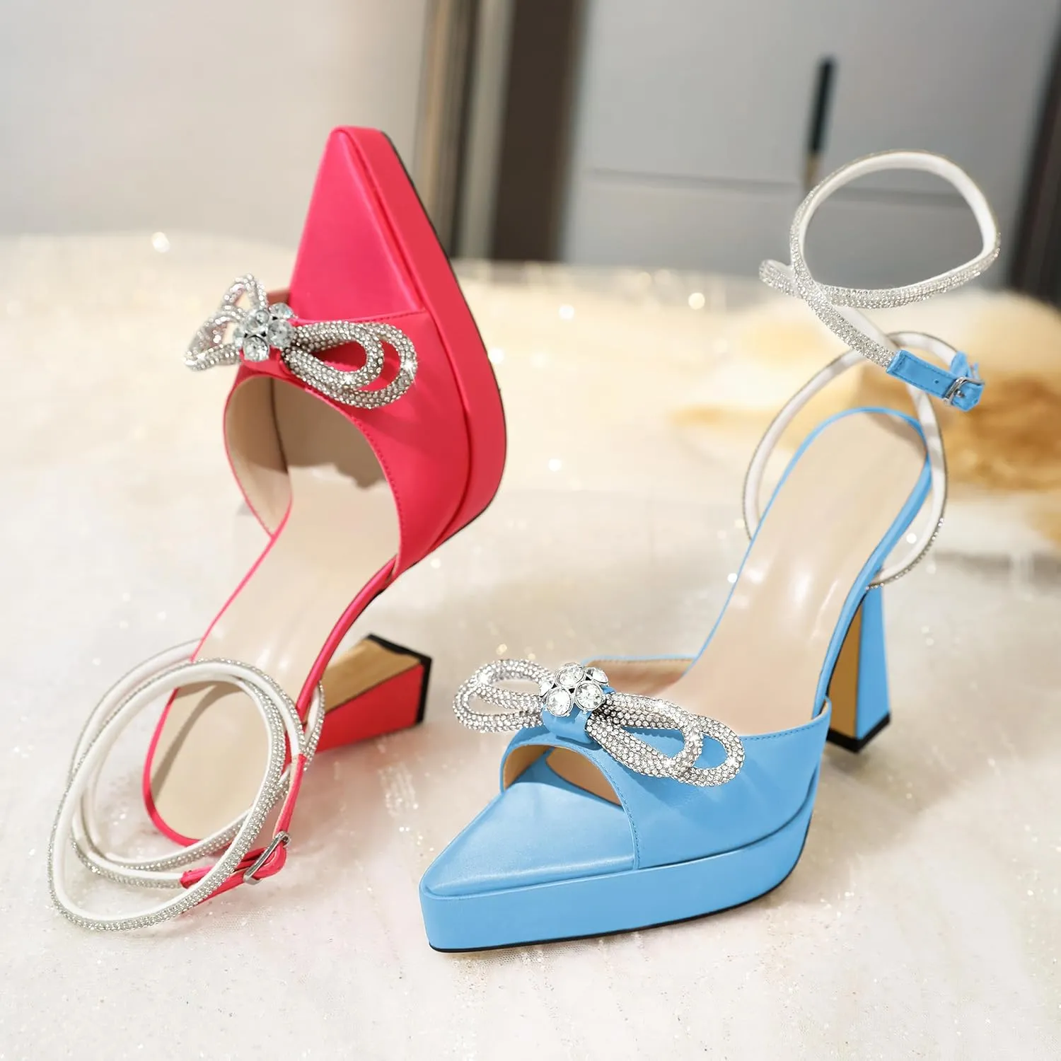 AUMOTED Women Platform Pumps High Heels Rhinestone Double Bows Heels Pointed Toe Satin Block Pumps Ankle Strap Crystals Lace Up Wedding Sandals Shoes 4.7 Inch
