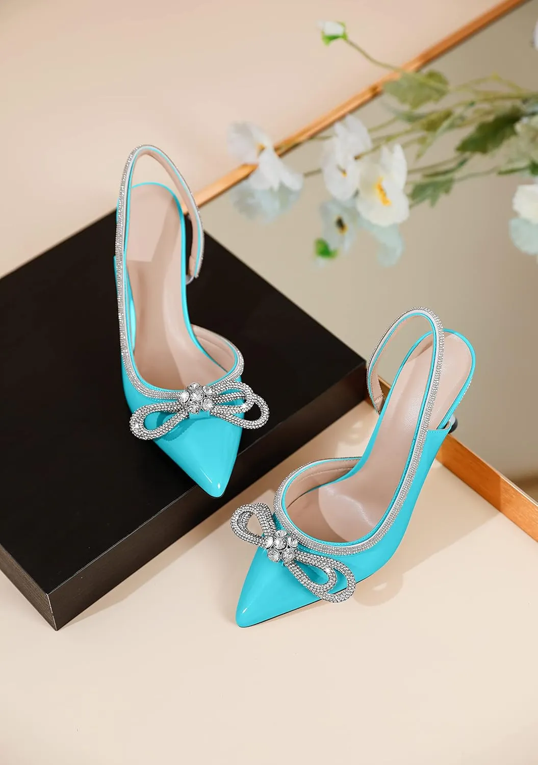 AUMOTED Women Rhinestone Bow Heels Stiletto High Heels Closed Pointed Toe Sexy Slingback Ankle Strap Pumps Wedding Bridal Dress Heeled Shoes 3.4 Inch