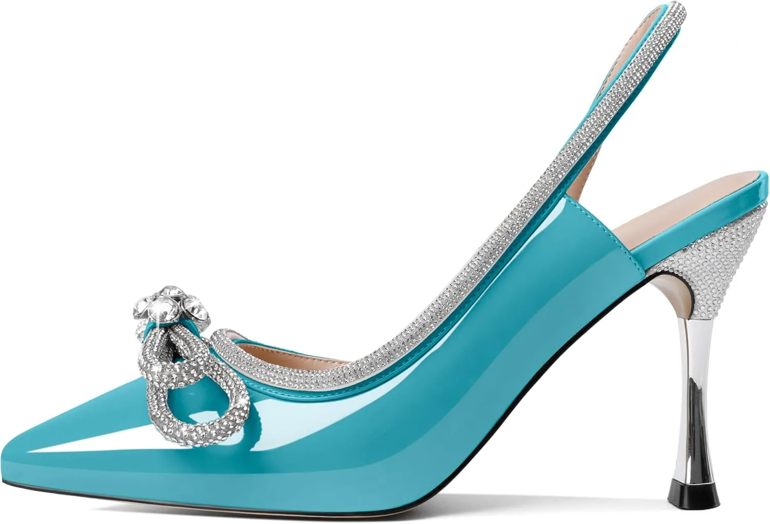 AUMOTED Women Rhinestone Bow Heels Stiletto High Heels Closed Pointed Toe Sexy Slingback Ankle Strap Pumps Wedding Bridal Dress Heeled Shoes 3.4 Inch