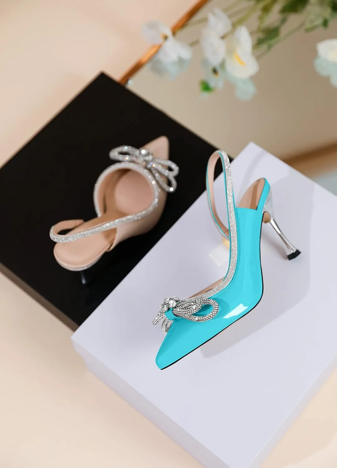 AUMOTED Women Rhinestone Bow Heels Stiletto High Heels Closed Pointed Toe Sexy Slingback Ankle Strap Pumps Wedding Bridal Dress Heeled Shoes 3.4 Inch