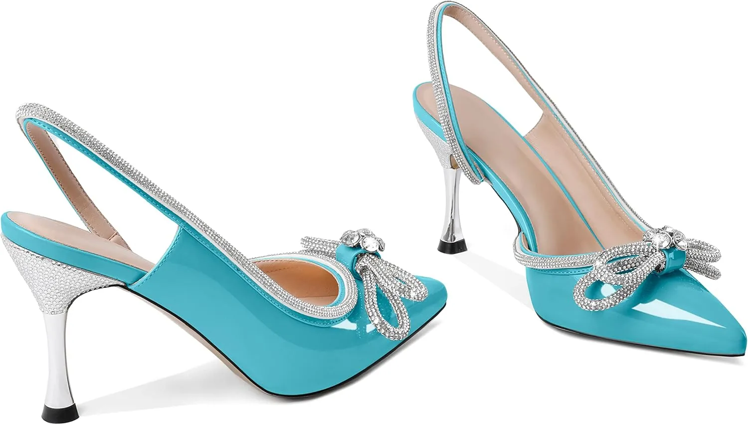 AUMOTED Women Rhinestone Bow Heels Stiletto High Heels Closed Pointed Toe Sexy Slingback Ankle Strap Pumps Wedding Bridal Dress Heeled Shoes 3.4 Inch