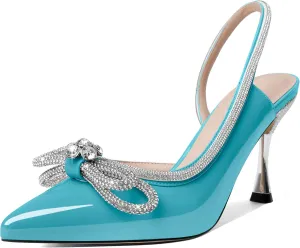 AUMOTED Women Rhinestone Bow Heels Stiletto High Heels Closed Pointed Toe Sexy Slingback Ankle Strap Pumps Wedding Bridal Dress Heeled Shoes 3.4 Inch