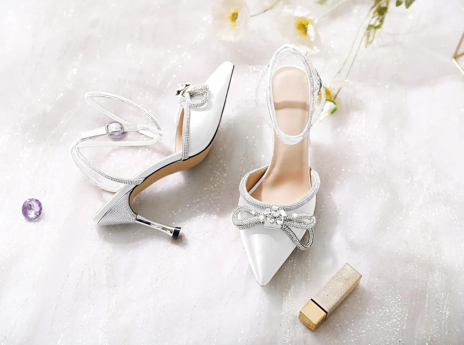 AUMOTED Women Stiletto High Heels Rhinestone Bow Heels Sparkly Wedding Closed Pointed Toe Sexy Satin Crystal Ankle Strap Pumps Bridal Dress Heeled Sandals 3.4 Inch