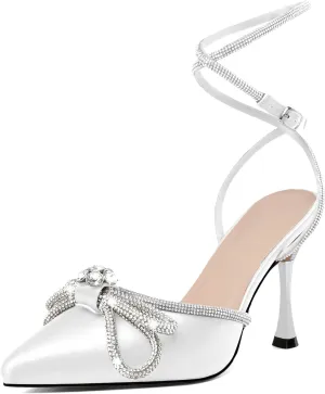 AUMOTED Women Stiletto High Heels Rhinestone Bow Heels Sparkly Wedding Closed Pointed Toe Sexy Satin Crystal Ankle Strap Pumps Bridal Dress Heeled Sandals 3.4 Inch
