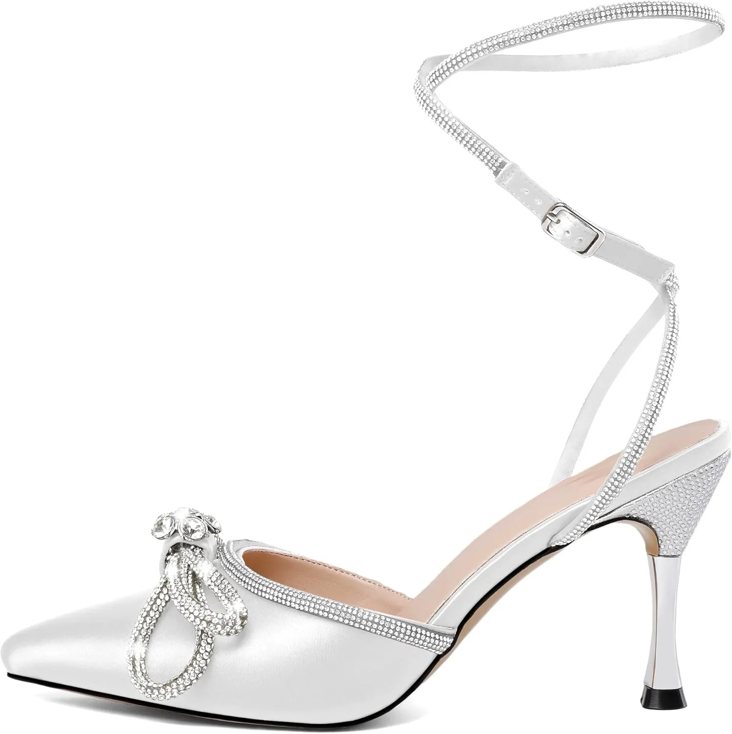 AUMOTED Women Stiletto High Heels Rhinestone Bow Heels Sparkly Wedding Closed Pointed Toe Sexy Satin Crystal Ankle Strap Pumps Bridal Dress Heeled Sandals 3.4 Inch