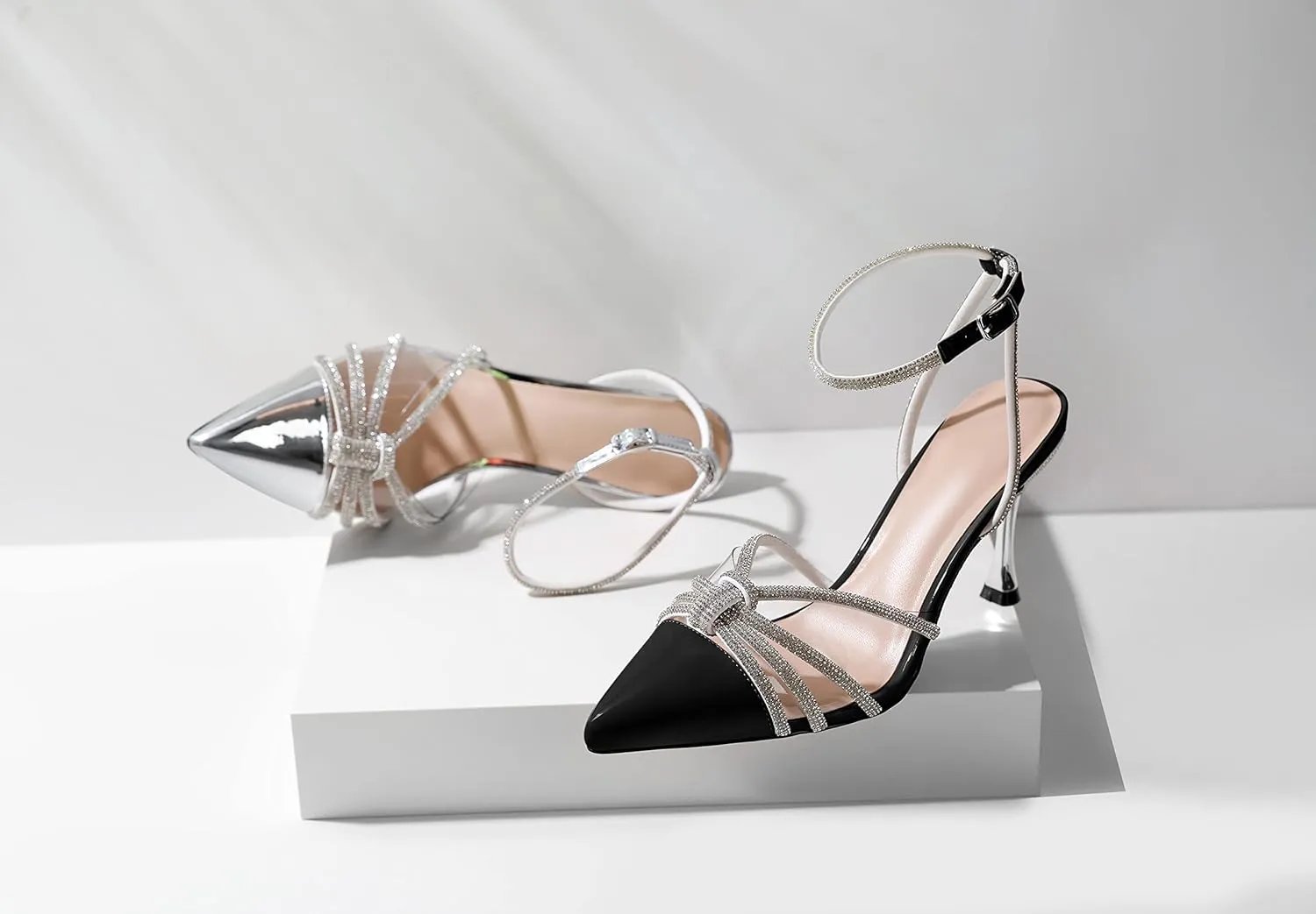 AUMOTED Women's Stiletto High Heel Pumps Ladies Clear Heels Patent Pointed Toe Pumps Crystal Rhinestones Ankle Strap Wedding Bridal Dress Heeled Sandals 3.4 Inch