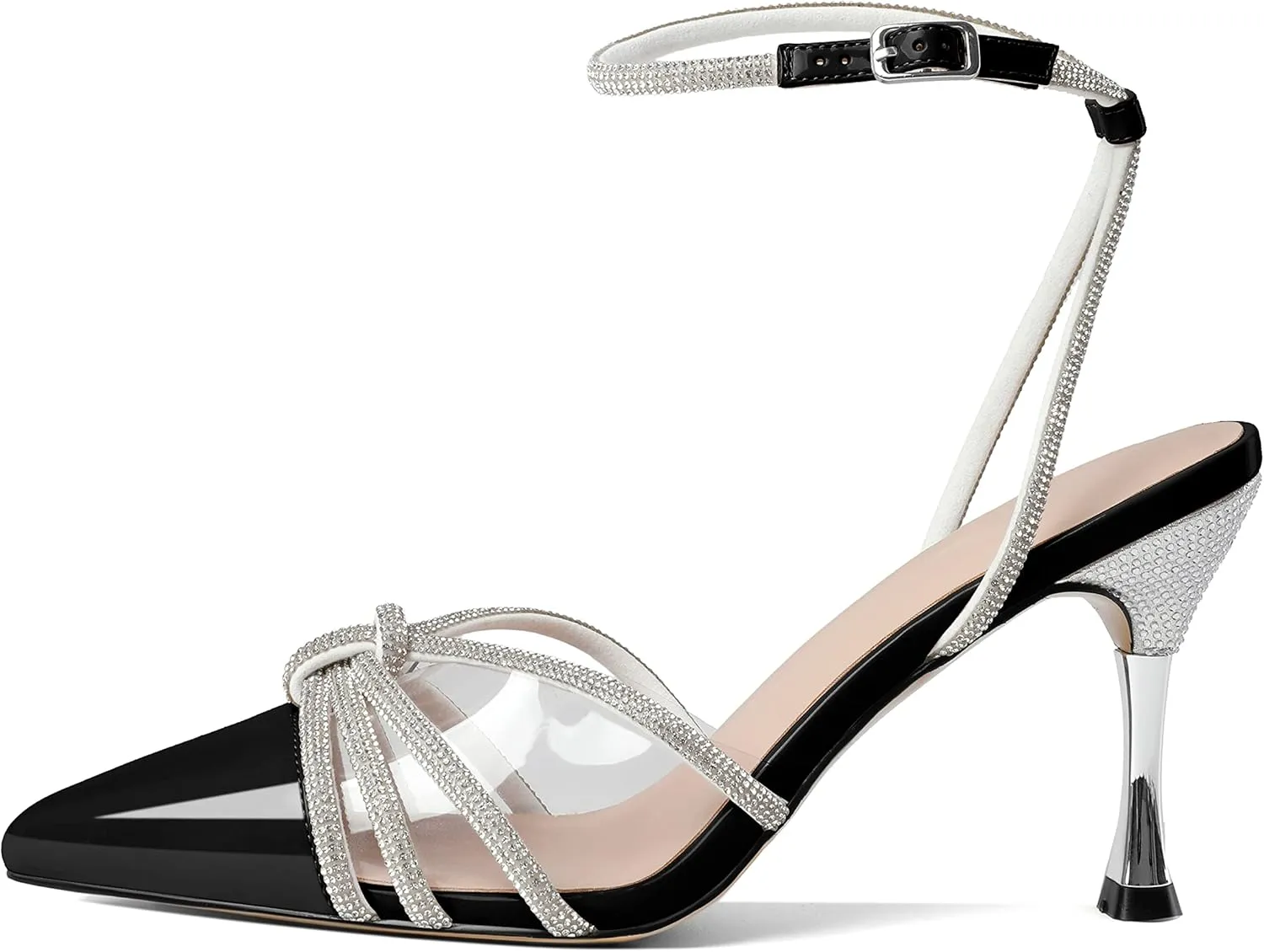 AUMOTED Women's Stiletto High Heel Pumps Ladies Clear Heels Patent Pointed Toe Pumps Crystal Rhinestones Ankle Strap Wedding Bridal Dress Heeled Sandals 3.4 Inch