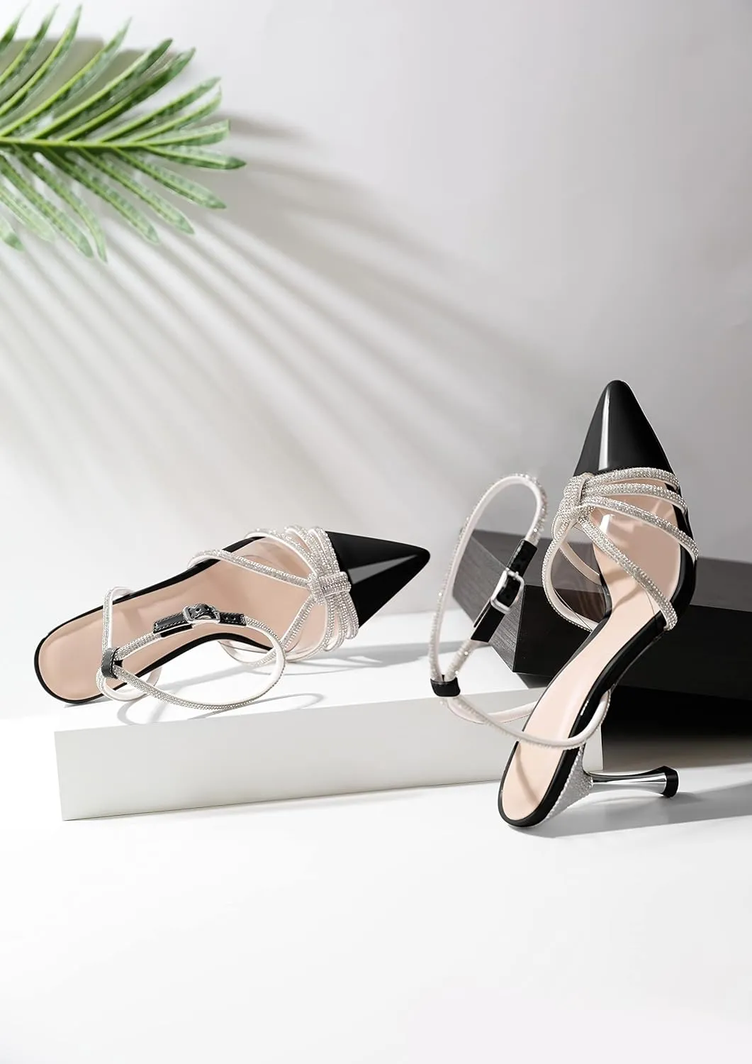 AUMOTED Women's Stiletto High Heel Pumps Ladies Clear Heels Patent Pointed Toe Pumps Crystal Rhinestones Ankle Strap Wedding Bridal Dress Heeled Sandals 3.4 Inch