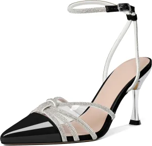AUMOTED Women's Stiletto High Heel Pumps Ladies Clear Heels Patent Pointed Toe Pumps Crystal Rhinestones Ankle Strap Wedding Bridal Dress Heeled Sandals 3.4 Inch