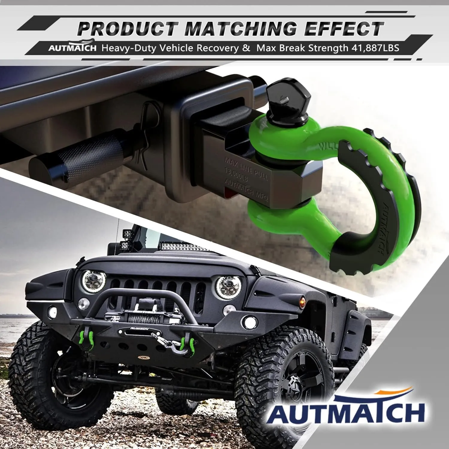 AUTMATCH D Ring Shackle 3/4" Shackles (2 Pack) 41,887Ibs Break Strength, Clevis Shackle with 7/8" Screw Pin and Shackle Isolator Washers Kit for Tow Strap Winch Off Road Vehicle Recovery, Green