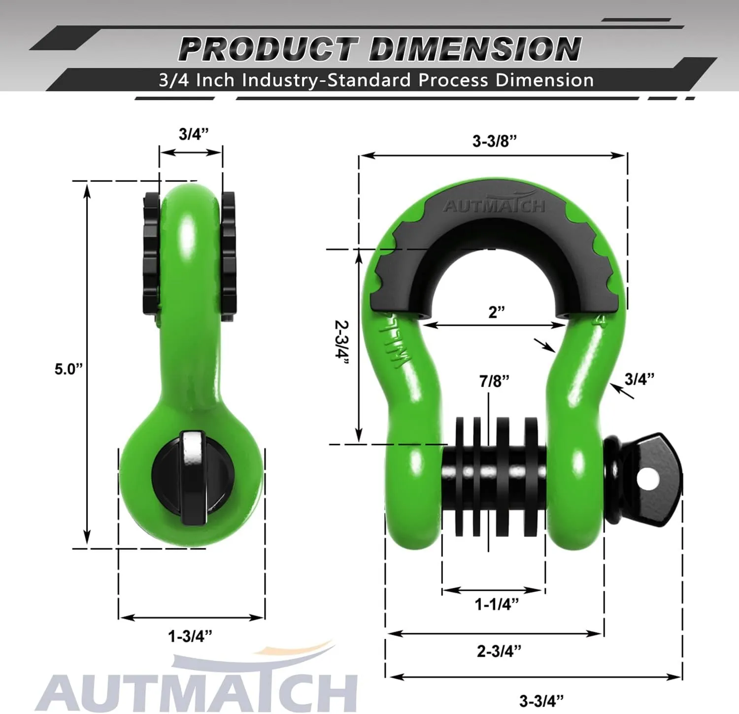 AUTMATCH D Ring Shackle 3/4" Shackles (2 Pack) 41,887Ibs Break Strength, Clevis Shackle with 7/8" Screw Pin and Shackle Isolator Washers Kit for Tow Strap Winch Off Road Vehicle Recovery, Green