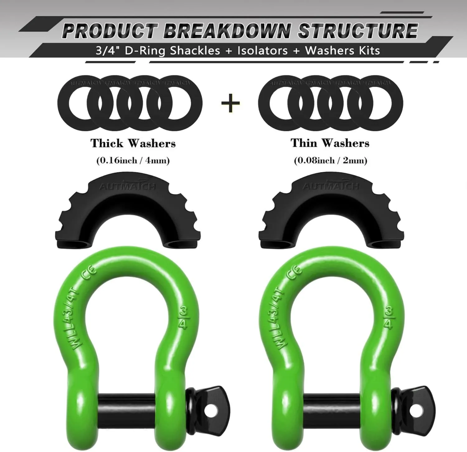 AUTMATCH D Ring Shackle 3/4" Shackles (2 Pack) 41,887Ibs Break Strength, Clevis Shackle with 7/8" Screw Pin and Shackle Isolator Washers Kit for Tow Strap Winch Off Road Vehicle Recovery, Green