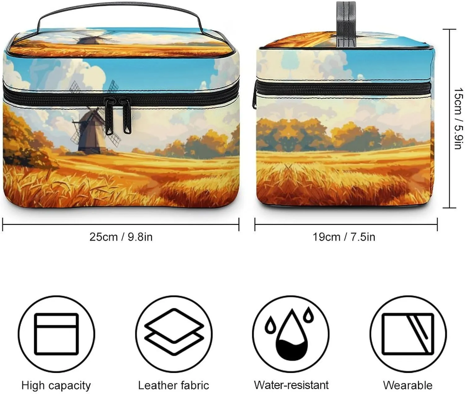 Autumn Field Windmill Cosmetic Bag For Women Travel Make Up Bags Skincare Toiletry Storage Organizer Mens Holiday Waterproof Soft Leather Makeup Box With Handle Compartments