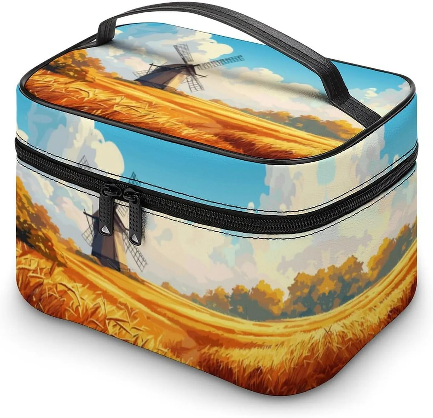 Autumn Field Windmill Cosmetic Bag For Women Travel Make Up Bags Skincare Toiletry Storage Organizer Mens Holiday Waterproof Soft Leather Makeup Box With Handle Compartments