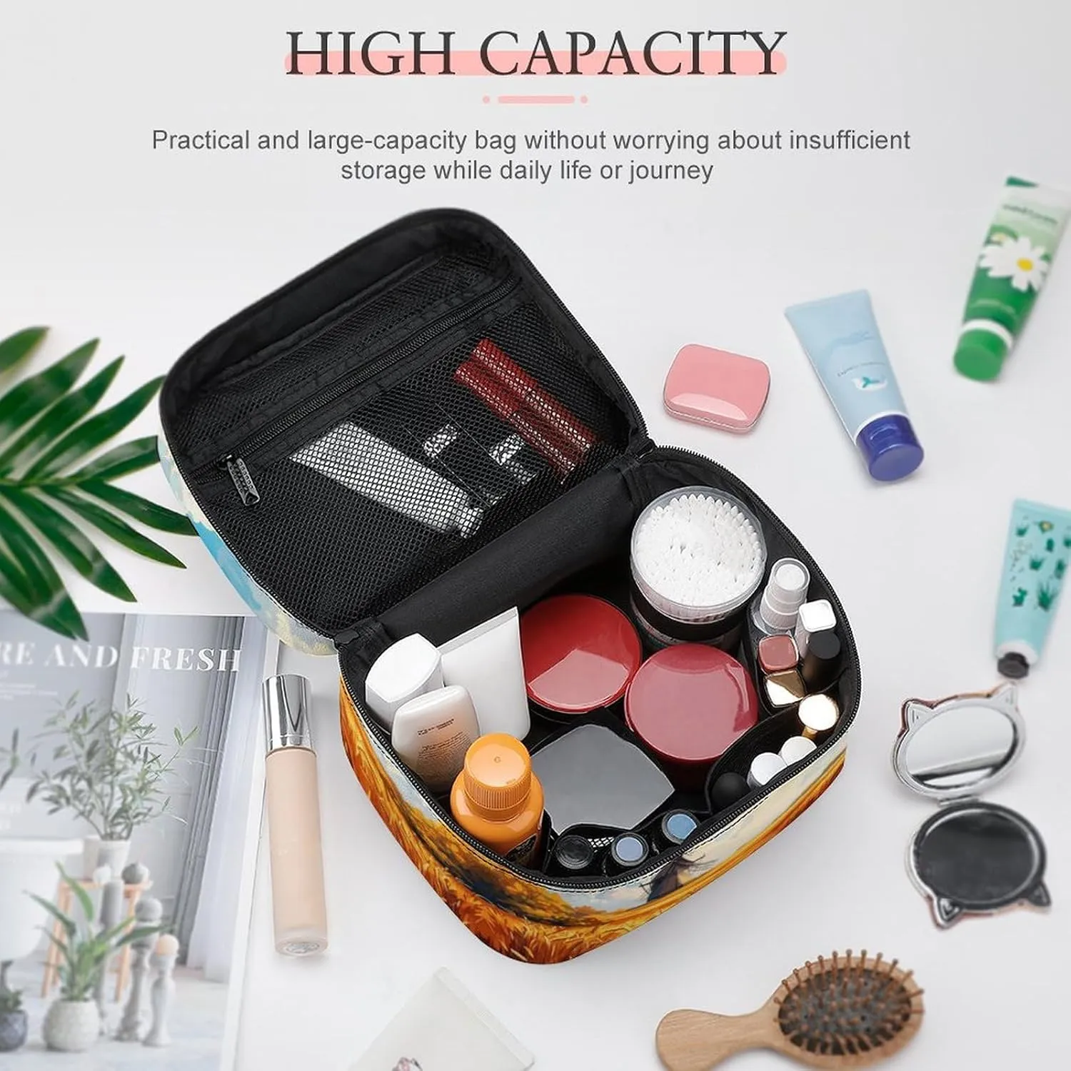 Autumn Field Windmill Cosmetic Bag For Women Travel Make Up Bags Skincare Toiletry Storage Organizer Mens Holiday Waterproof Soft Leather Makeup Box With Handle Compartments