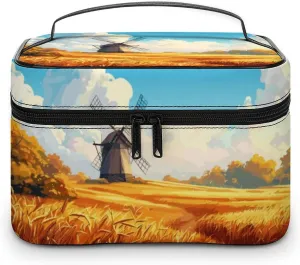 Autumn Field Windmill Cosmetic Bag For Women Travel Make Up Bags Skincare Toiletry Storage Organizer Mens Holiday Waterproof Soft Leather Makeup Box With Handle Compartments