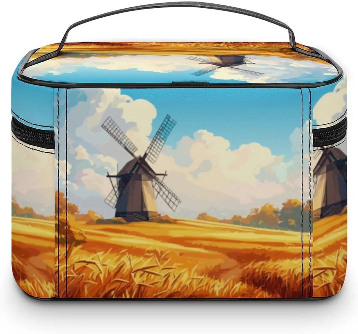 Autumn Field Windmill Cosmetic Bag For Women Travel Make Up Bags Skincare Toiletry Storage Organizer Mens Holiday Waterproof Soft Leather Makeup Box With Handle Compartments