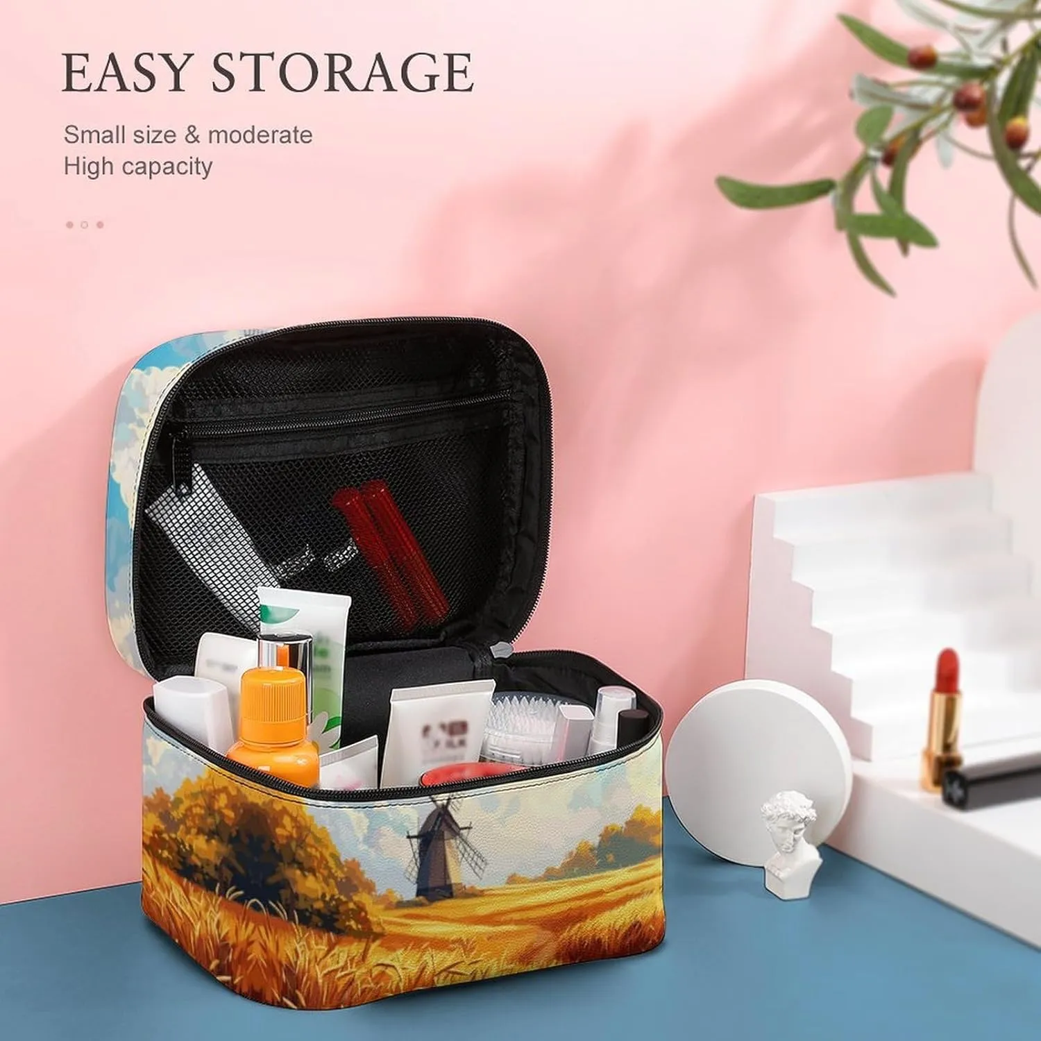 Autumn Field Windmill Cosmetic Bag For Women Travel Make Up Bags Skincare Toiletry Storage Organizer Mens Holiday Waterproof Soft Leather Makeup Box With Handle Compartments