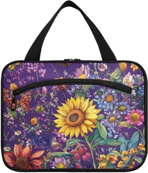 Autumn Flowers Sunflower Orchid Purple hanging travel toiletry bags for women with hook, designer washable cosmetic bag for cruise travel work bolsa de maquillaje para mujer L