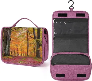 Autumn Theme,Travel Toiletry Hanging Bag Waterproof Bags,Fall Trees and Leaf,Makeup bag Organizers, Cosmetic Travel-Sized Container,Large Capacity for Women,Brown
