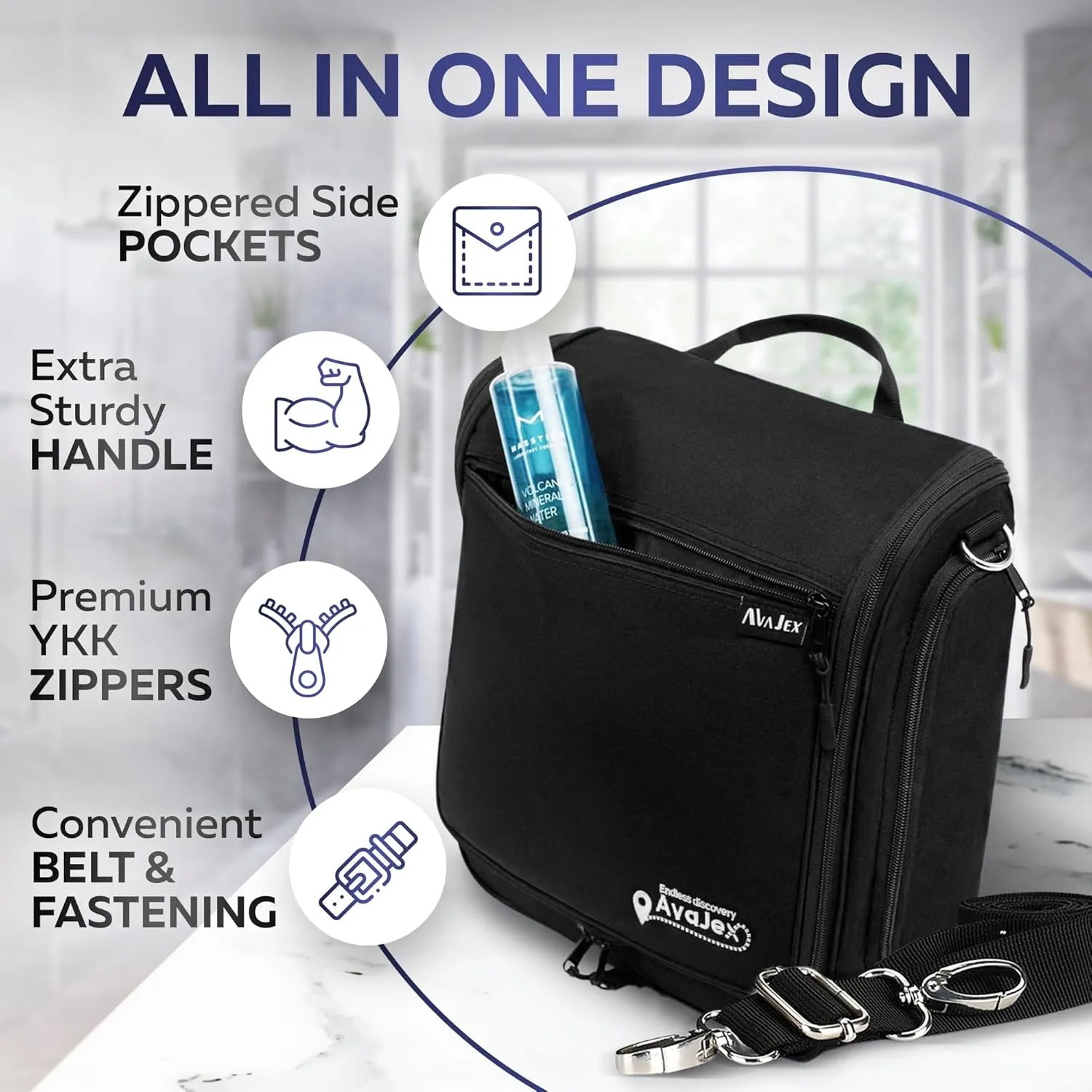 AvaJex Extra Large Hanging Travel Toiletry Bag for Men and Women - Cosmetic Travel Bag With Shoulder Strap - Waterproof Hygiene Bag with Metal Xxl Swivel Hook and 19 Compartments for Toiletries