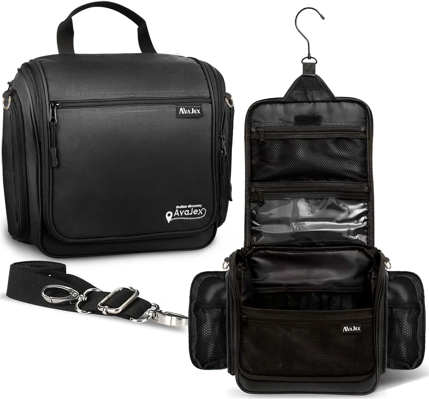 AvaJex Extra Large Hanging Travel Toiletry Bag for Men and Women - Cosmetic Travel Bag With Shoulder Strap - Waterproof Hygiene Bag with Metal Xxl Swivel Hook and 19 Compartments for Toiletries