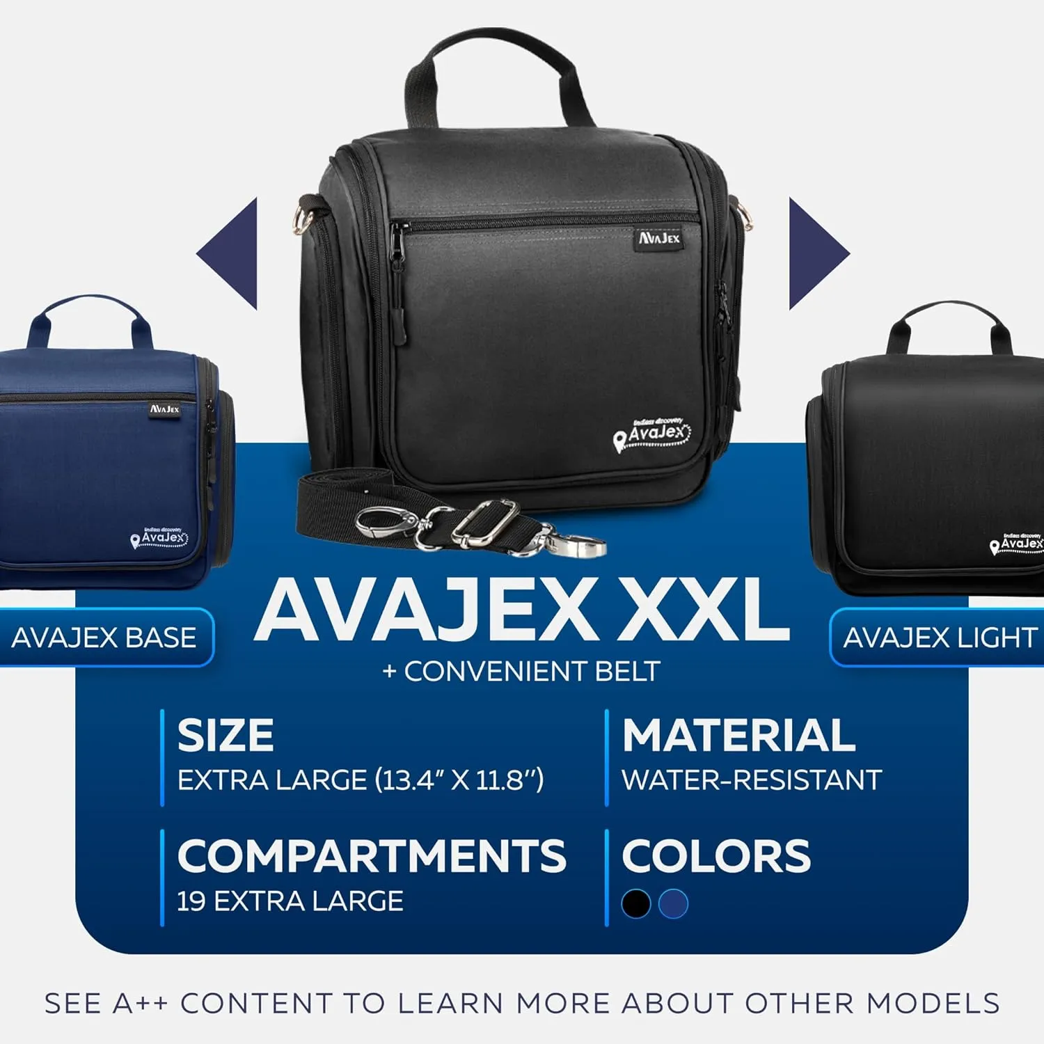 AvaJex Extra Large Hanging Travel Toiletry Bag for Men and Women - Cosmetic Travel Bag With Shoulder Strap - Waterproof Hygiene Bag with Metal Xxl Swivel Hook and 19 Compartments for Toiletries