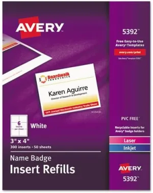 AVERY Name Badge Insert Refills, Horizontal, 3 x 4, White, 300/Box