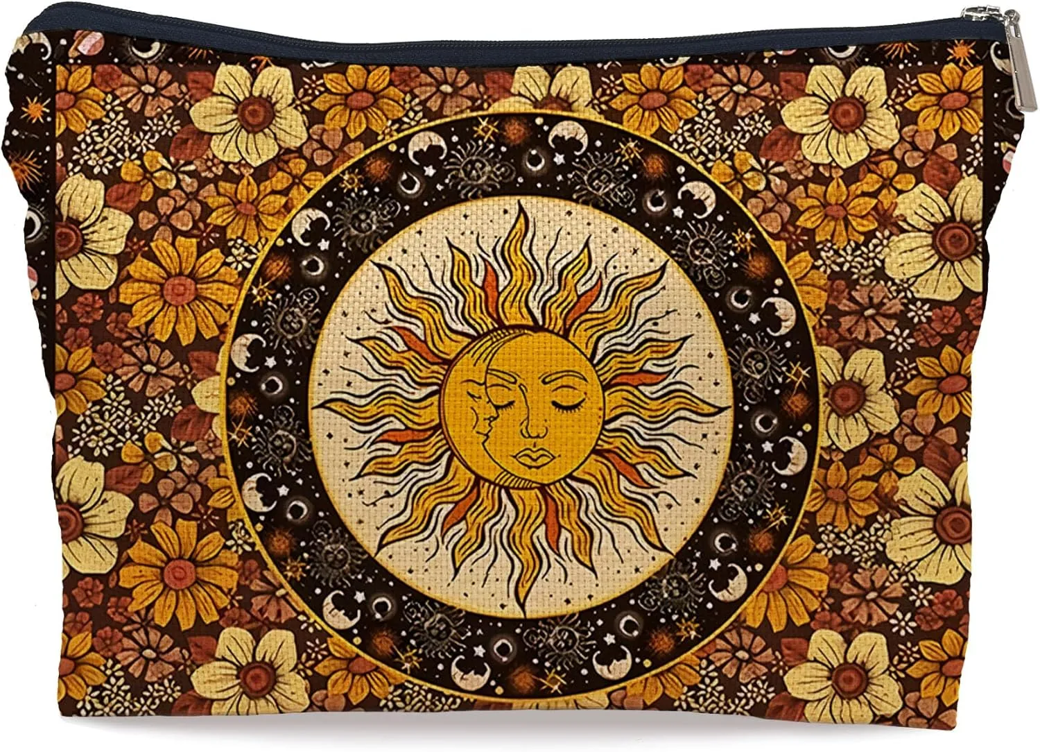 Ayxvt Sun and Moon Makeup Bag, Hippie Flower Pouch Floral Cosmetic Bag, Boho Gifts for Women Teen Girls
