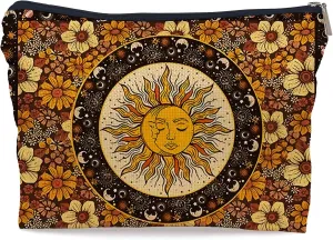 Ayxvt Sun and Moon Makeup Bag, Hippie Flower Pouch Floral Cosmetic Bag, Boho Gifts for Women Teen Girls