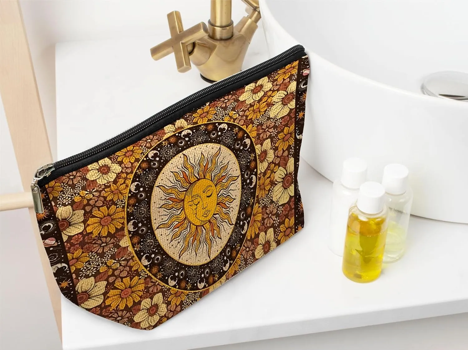 Ayxvt Sun and Moon Makeup Bag, Hippie Flower Pouch Floral Cosmetic Bag, Boho Gifts for Women Teen Girls