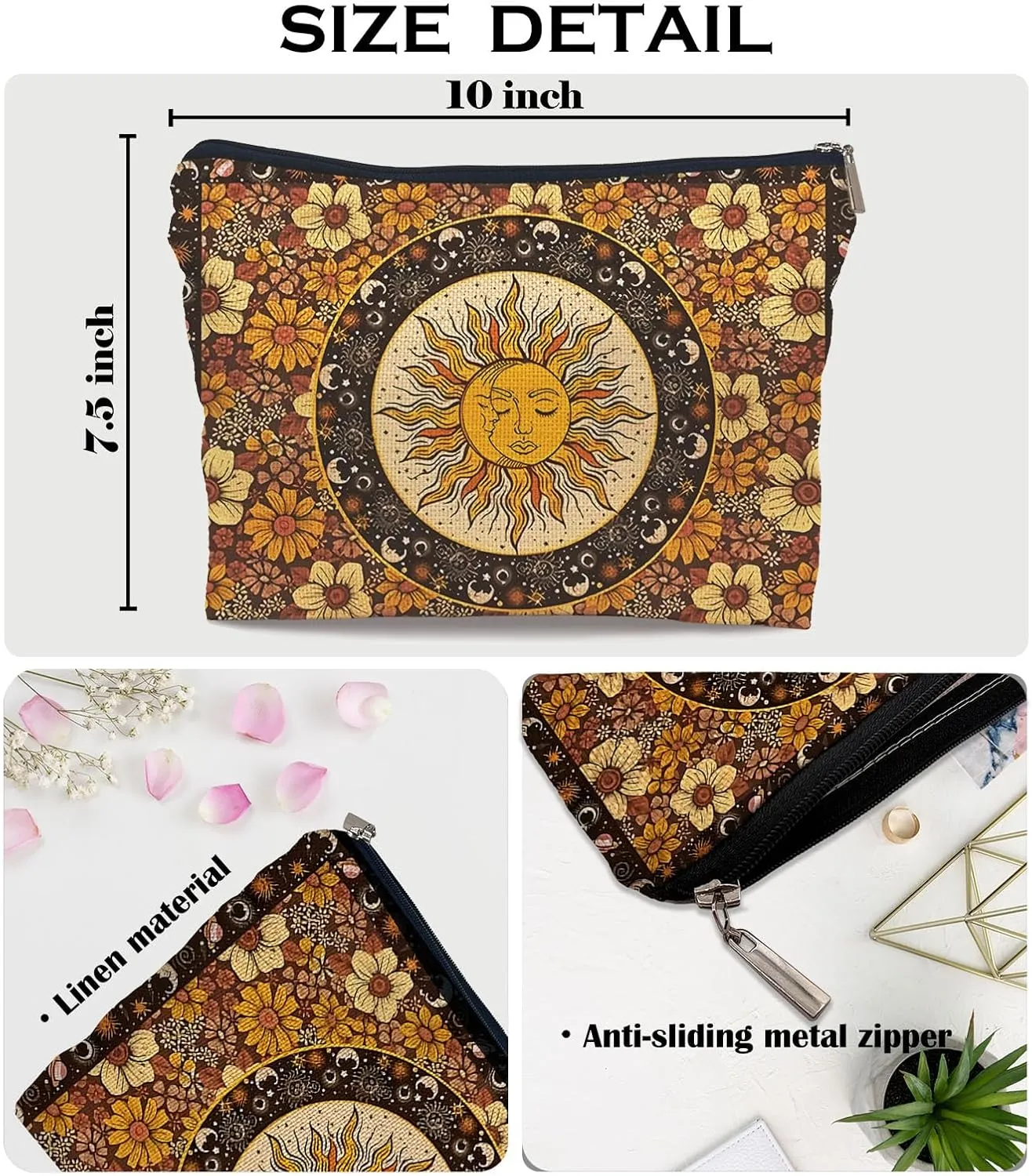Ayxvt Sun and Moon Makeup Bag, Hippie Flower Pouch Floral Cosmetic Bag, Boho Gifts for Women Teen Girls