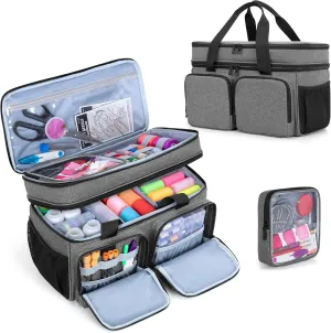 BAFASO Large Sewing Organizer Bag with an Individual Pouch and Detachable Dividers, 2 Layers Sewing Storage Bag for Sewing Supplies, Gray