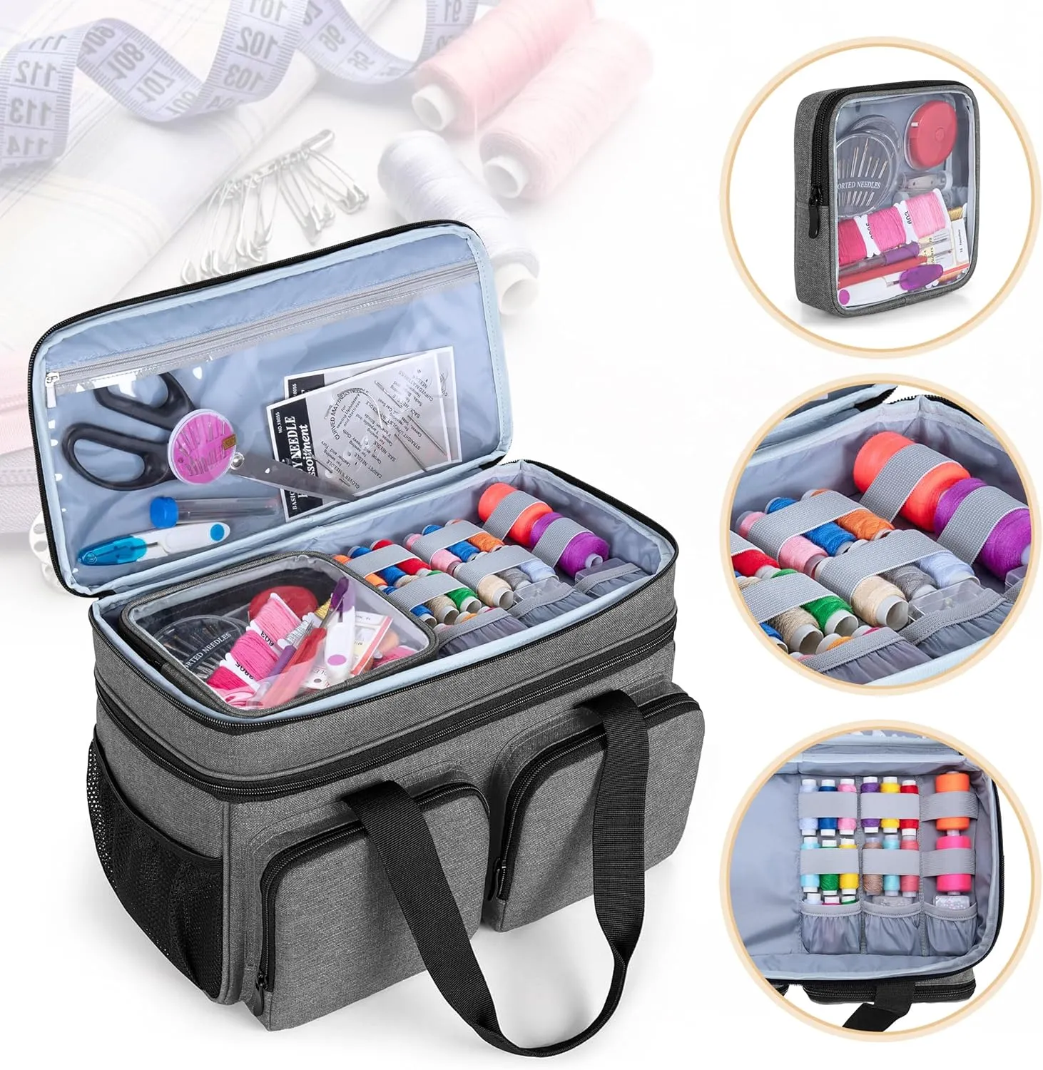 BAFASO Large Sewing Organizer Bag with an Individual Pouch and Detachable Dividers, 2 Layers Sewing Storage Bag for Sewing Supplies, Gray