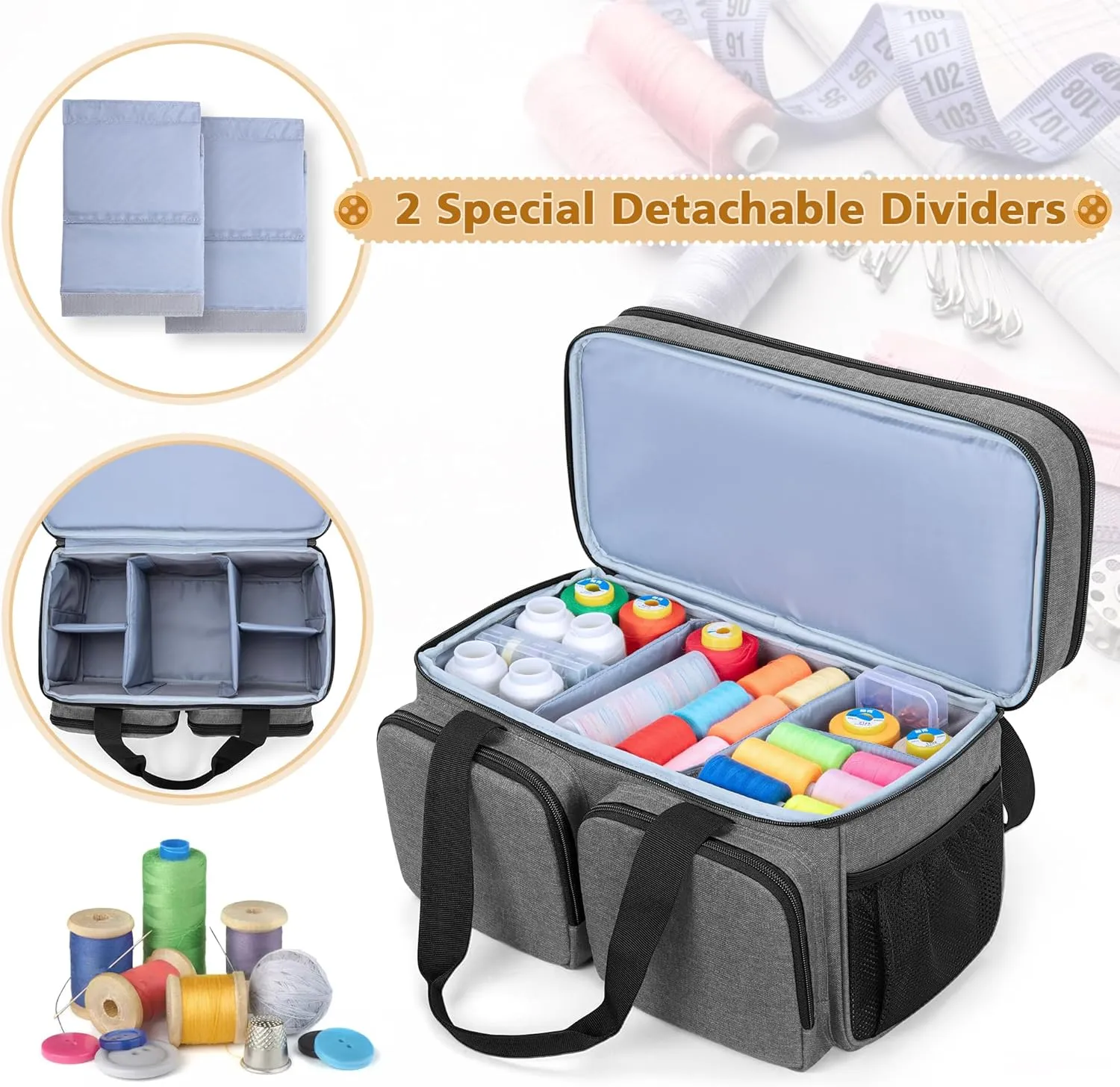 BAFASO Large Sewing Organizer Bag with an Individual Pouch and Detachable Dividers, 2 Layers Sewing Storage Bag for Sewing Supplies, Gray