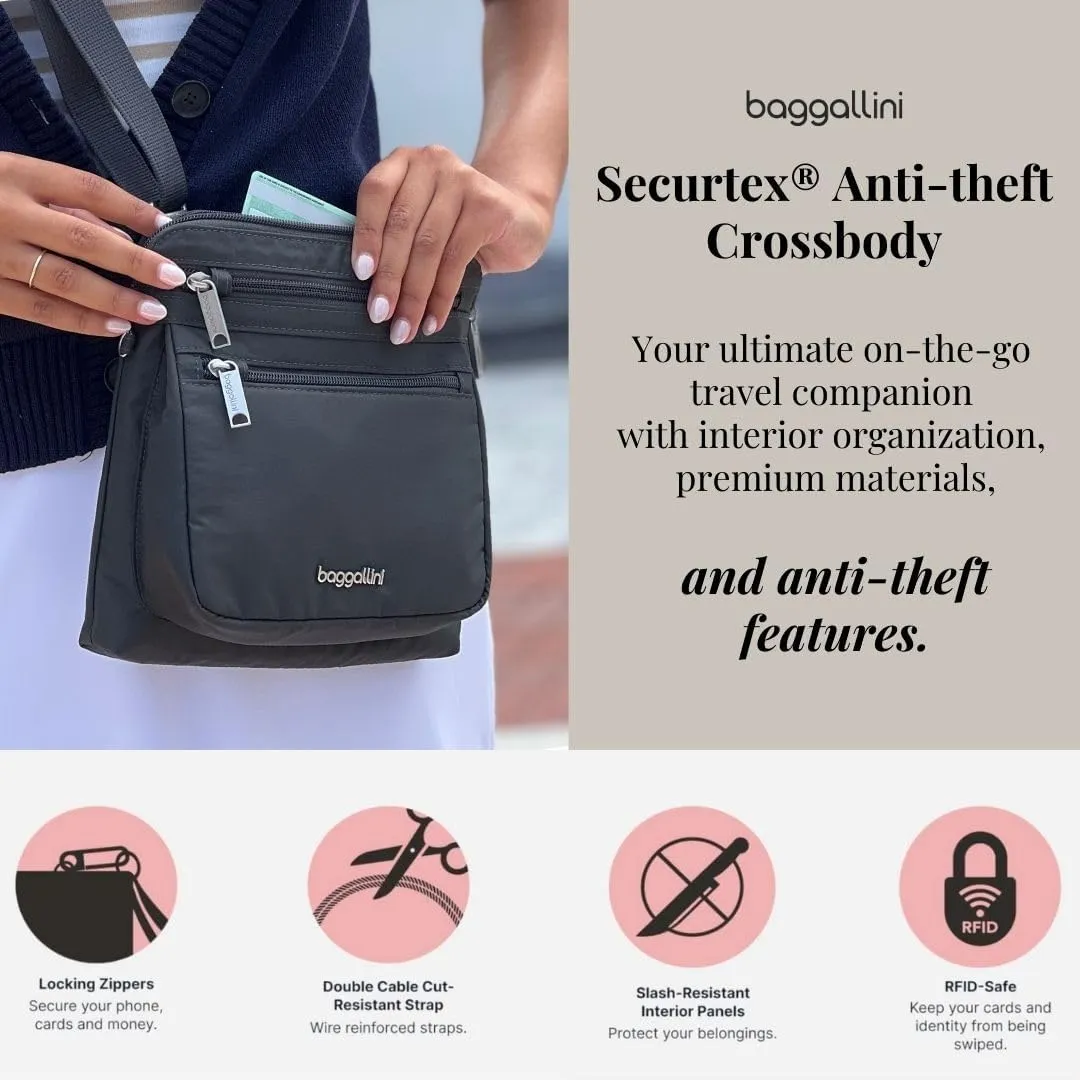 Baggallini Securtex Anti-Theft Crossbody Travel Purse with RFID Card Slots, Locking Zippers & Cut-Resistant Strap