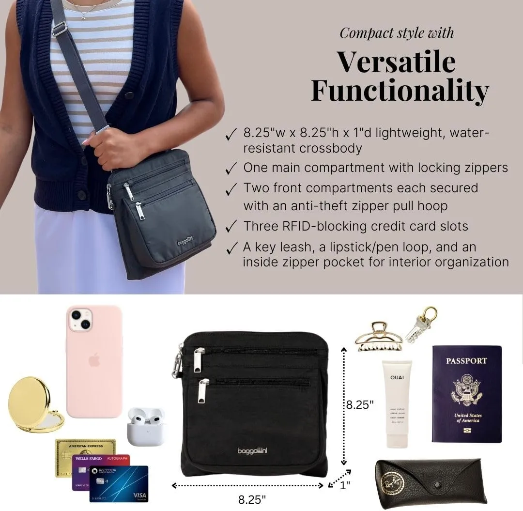 Baggallini Securtex Anti-Theft Crossbody Travel Purse with RFID Card Slots, Locking Zippers & Cut-Resistant Strap