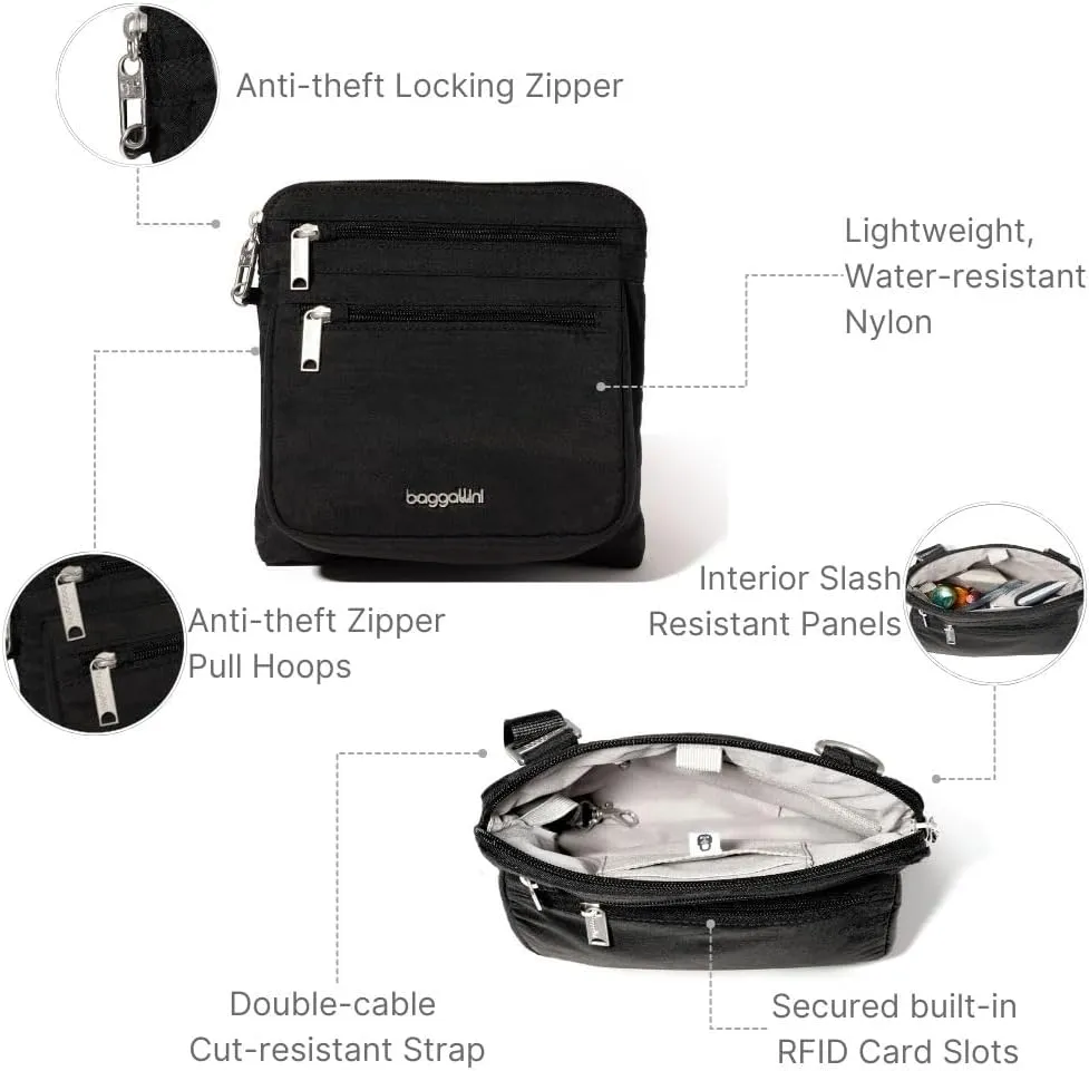 Baggallini Securtex Anti-Theft Crossbody Travel Purse with RFID Card Slots, Locking Zippers & Cut-Resistant Strap