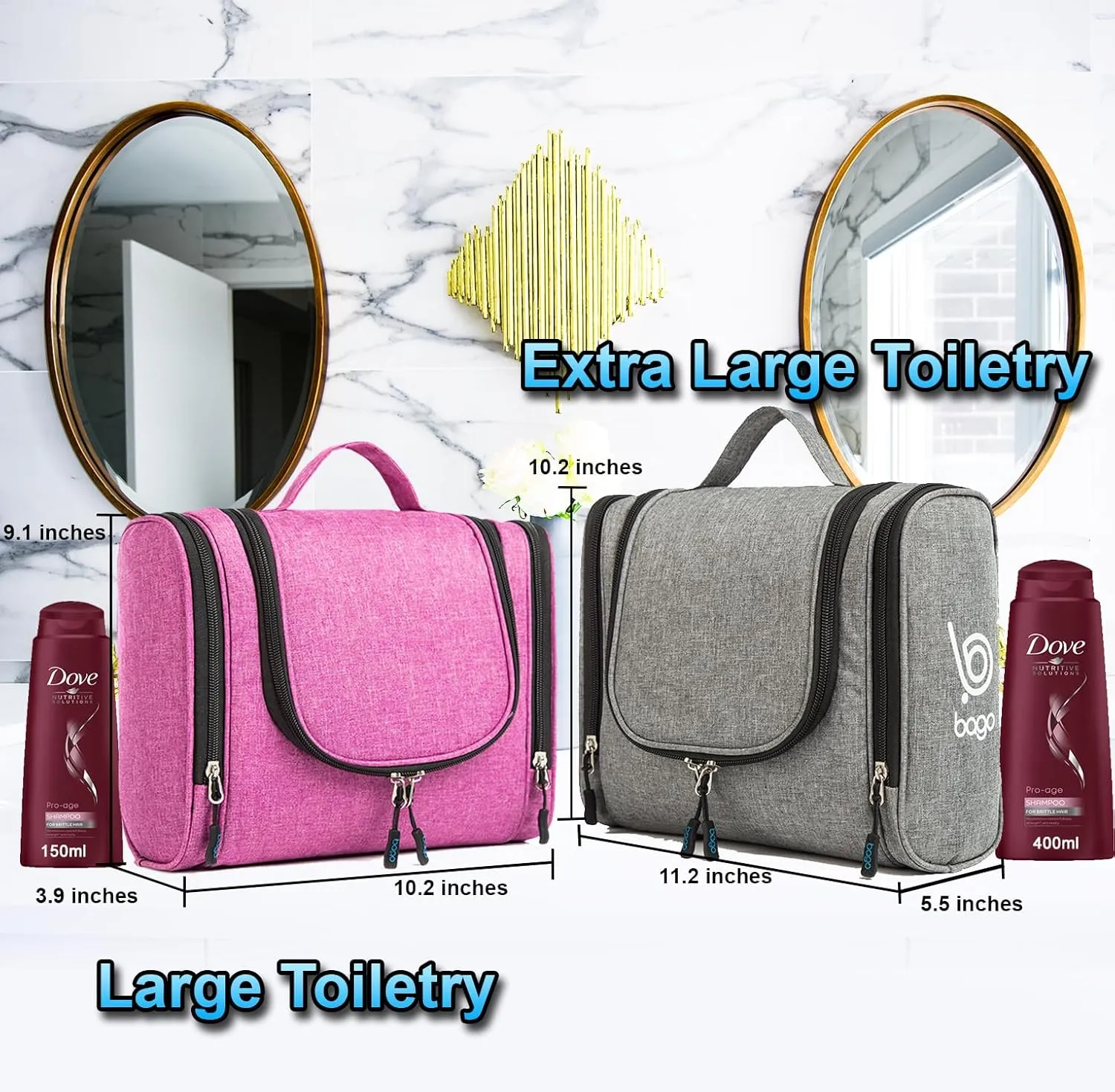 bago Travel Toiletry Bag for Women and Men - Large Waterproof Hanging Large Toiletry Bag for Bathroom and Travel Bag for Toiletries Organizer -Travel Makeup Bag (Pink)
