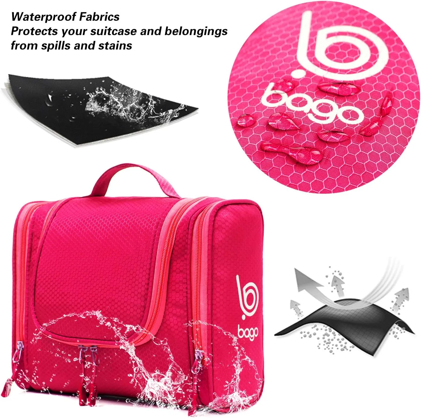 bago Travel Toiletry Bag for Women and Men - Large Waterproof Hanging Large Toiletry Bag for Bathroom and Travel Bag for Toiletries Organizer -Travel Makeup Bag (Pink)