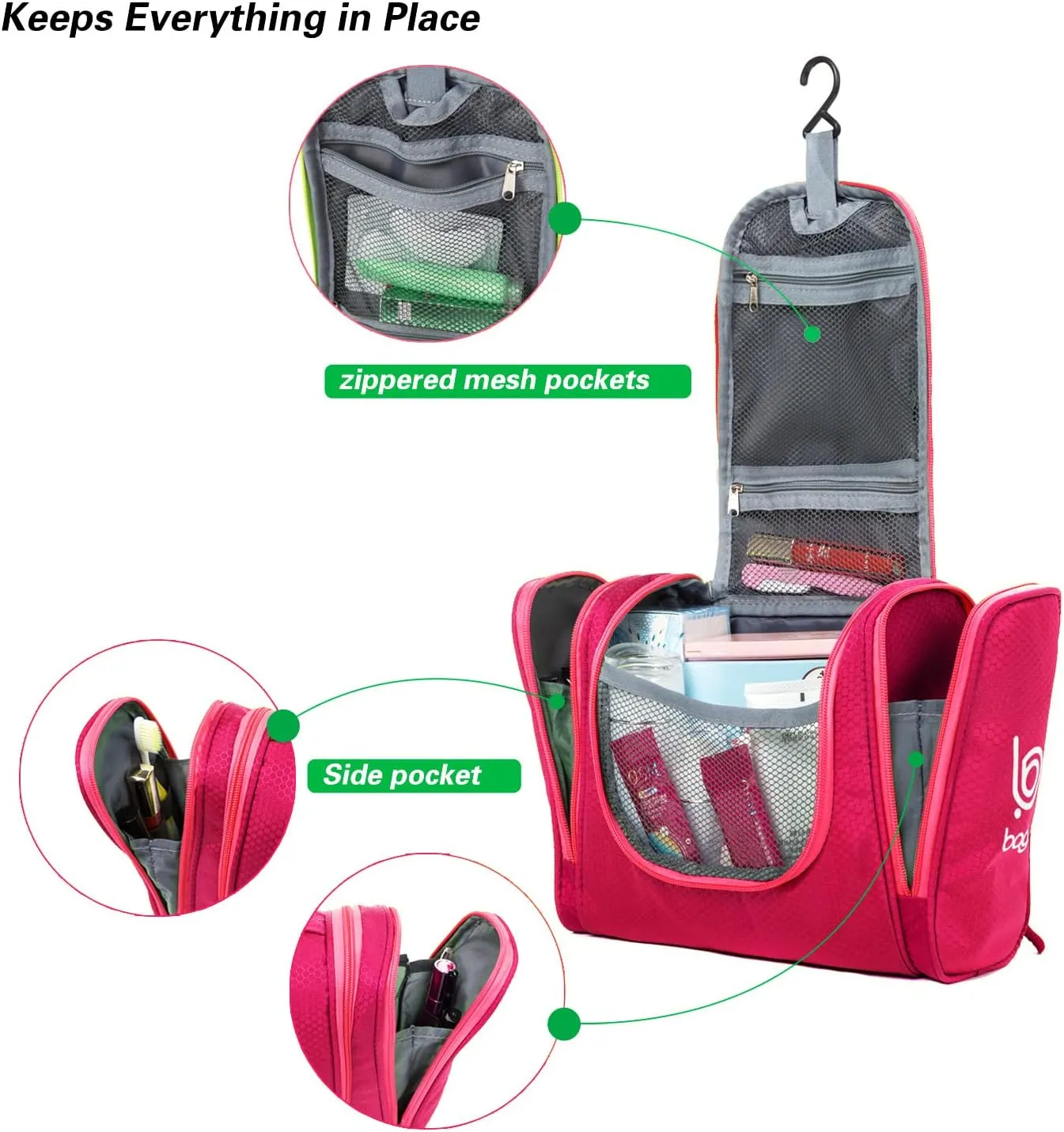 bago Travel Toiletry Bag for Women and Men - Large Waterproof Hanging Large Toiletry Bag for Bathroom and Travel Bag for Toiletries Organizer -Travel Makeup Bag (Pink)