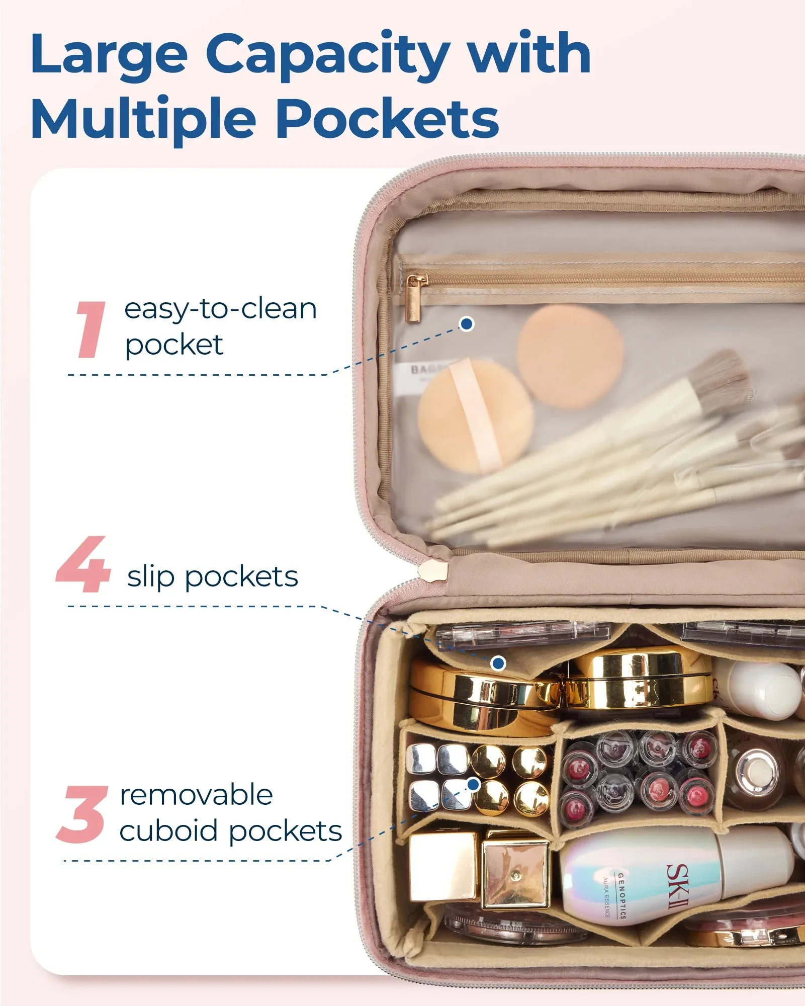 BAGSMART Foldable Makeup Bag Storage Box with Removable Insert Travel Cosmetic Bag Women's Toiletries Storage Box