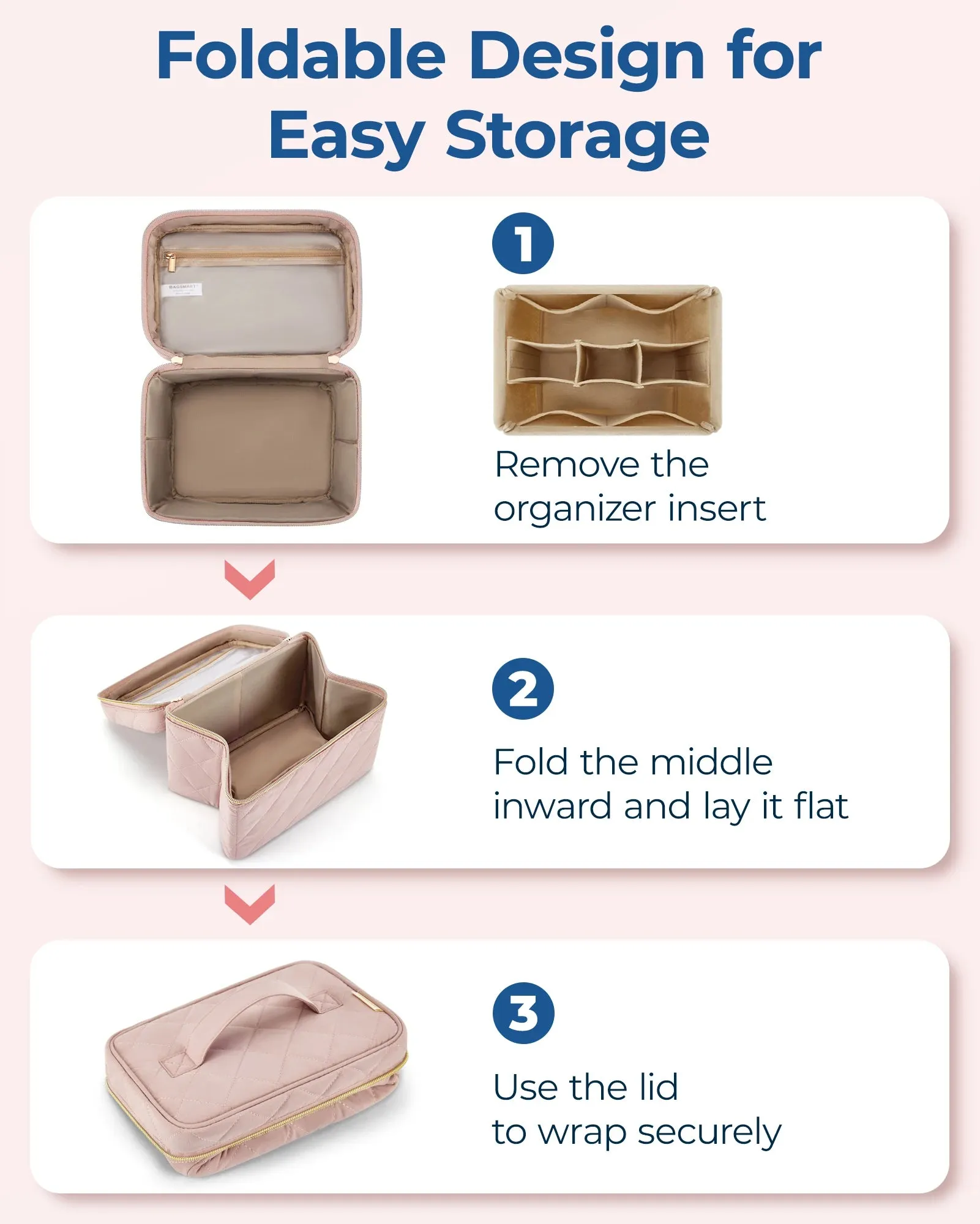 BAGSMART Foldable Makeup Bag Storage Box with Removable Insert Travel Cosmetic Bag Women's Toiletries Storage Box