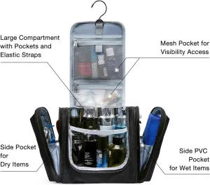 BAGSMART Toiletry Bag for Men, Travel Toiletry Organizer with hanging hook, Water-resistant Cosmetic Makeup Bag Travel Organizer for Shampoo, Full-size Container, Toiletries, Black-Medium