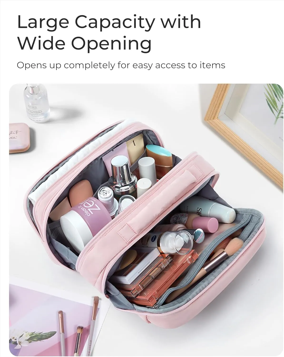 BAGSMART Toiletry Bag for Women, Travel Makeup Bag, Wide-open Portable Make Up Bag Organizer for Women for Travel Essentials Travel-Size Toiletries Accessories Bottles, Brushes, Black