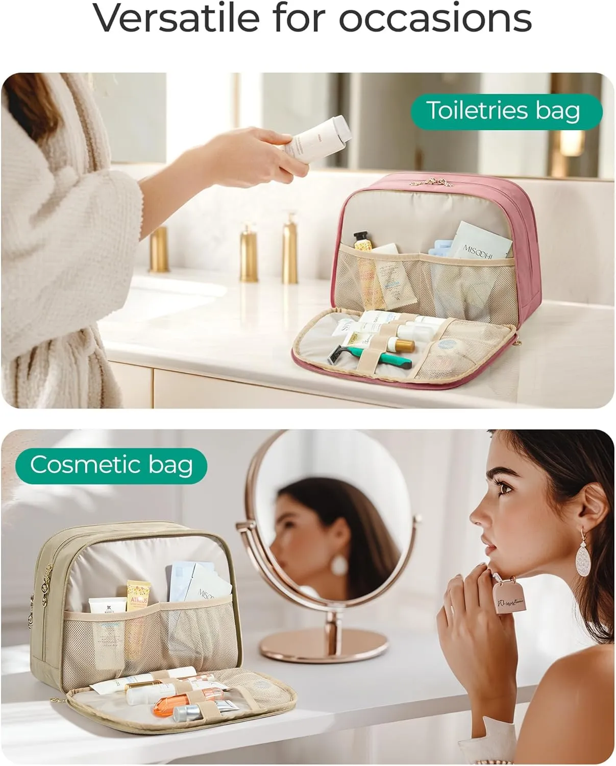 BAGSMART Travel Toiletry Bag, Large Wide-open Travel Bag for Toiletries, Puffy Makeup Cosmetic Travel Bag with Handle-Beige